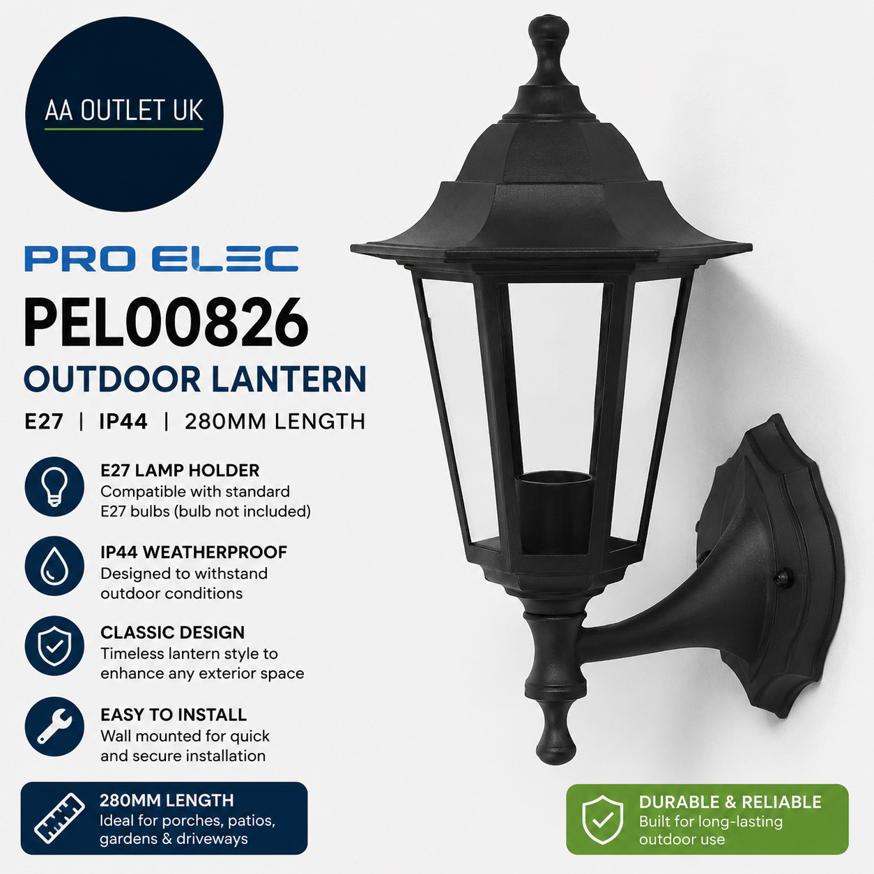 Pro Elec PEL00826 Outdoor Lantern E27 IP44 280mm Length Modern Black