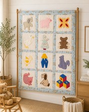 Vintage Handmade Baby Quilt Crib Blanket 37x47 Applique Nursery Animals Puffy...
