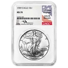 1989 $1 1-oz American Silver Eagle NGC MS70 Mercanti Flag Label White Core