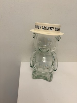 Vintage Klar Pressglas Sparschwein ''Honig Geld Bär'' Bärenform Glas.