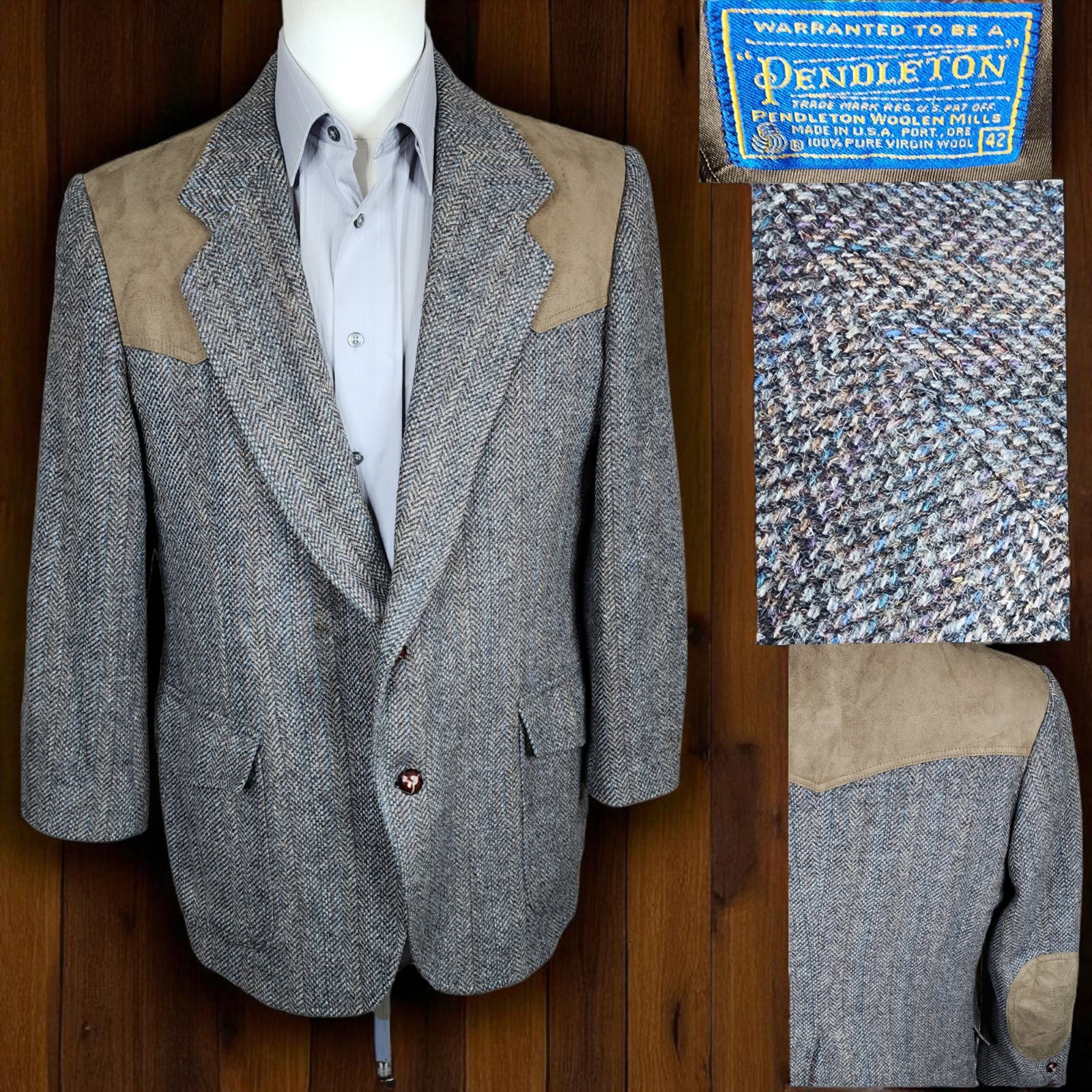 Pendleton Vintage Blazer Mens 42S Gray  Herringbone Tweed Western Elbow Patches
