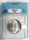 1948 FRANKLIN Silver Half Dollar ANACS MS 64 FBL