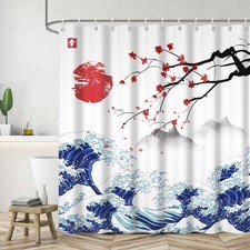 Japanese Painting Shower Curtain Kanagawa Great Wave Red Sun 60x72 Inch