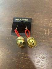 Gold Tone Metal Christmas Bell Red Satin Ribbon Dangle Pierced Earrings Vintage