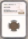 1864 L on Ribbon Bronze 1C Indian Cent, NGC AU 55 BN