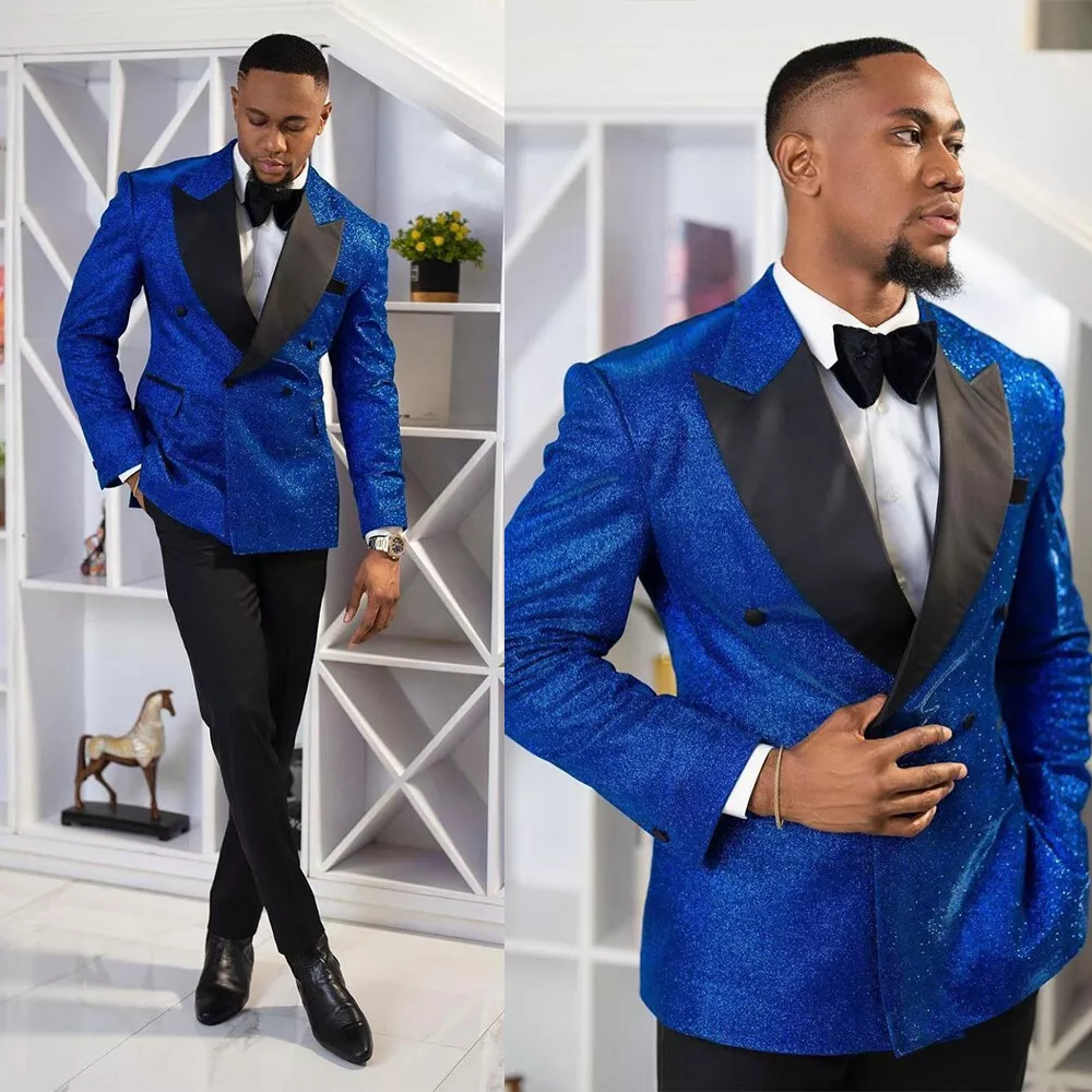 Royal Blue Sequins Men Suits Wedding Double Breasted Business Prom Suit 2  Pieces