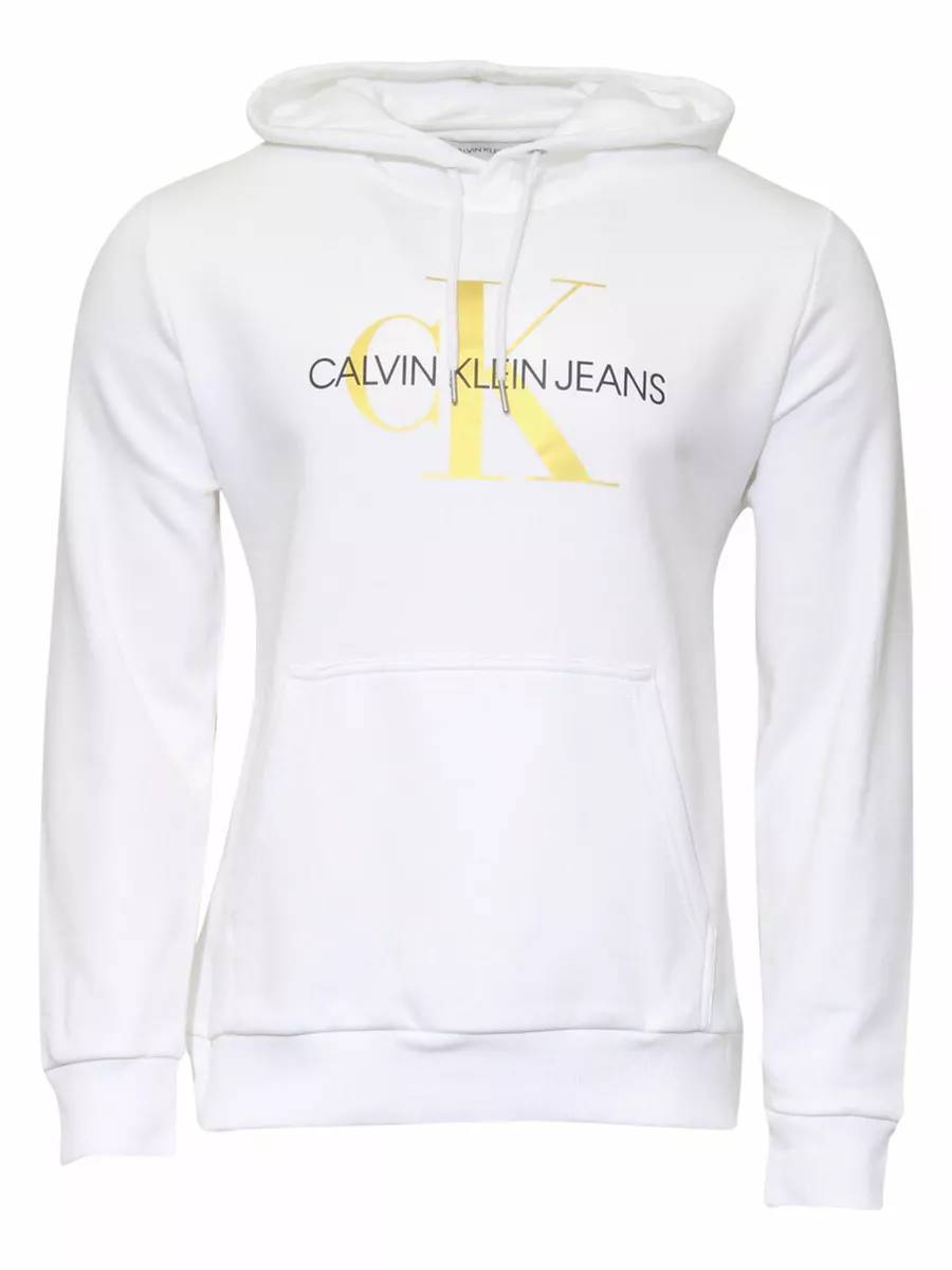 Calvin Klein Men's Monogram Logo Pullover Hoodie Sweatshirt Brilliant White/Gold