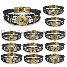 12 Constellation Zodiac Sign Charms Black braided Beaded Leather Cuff Bracelet