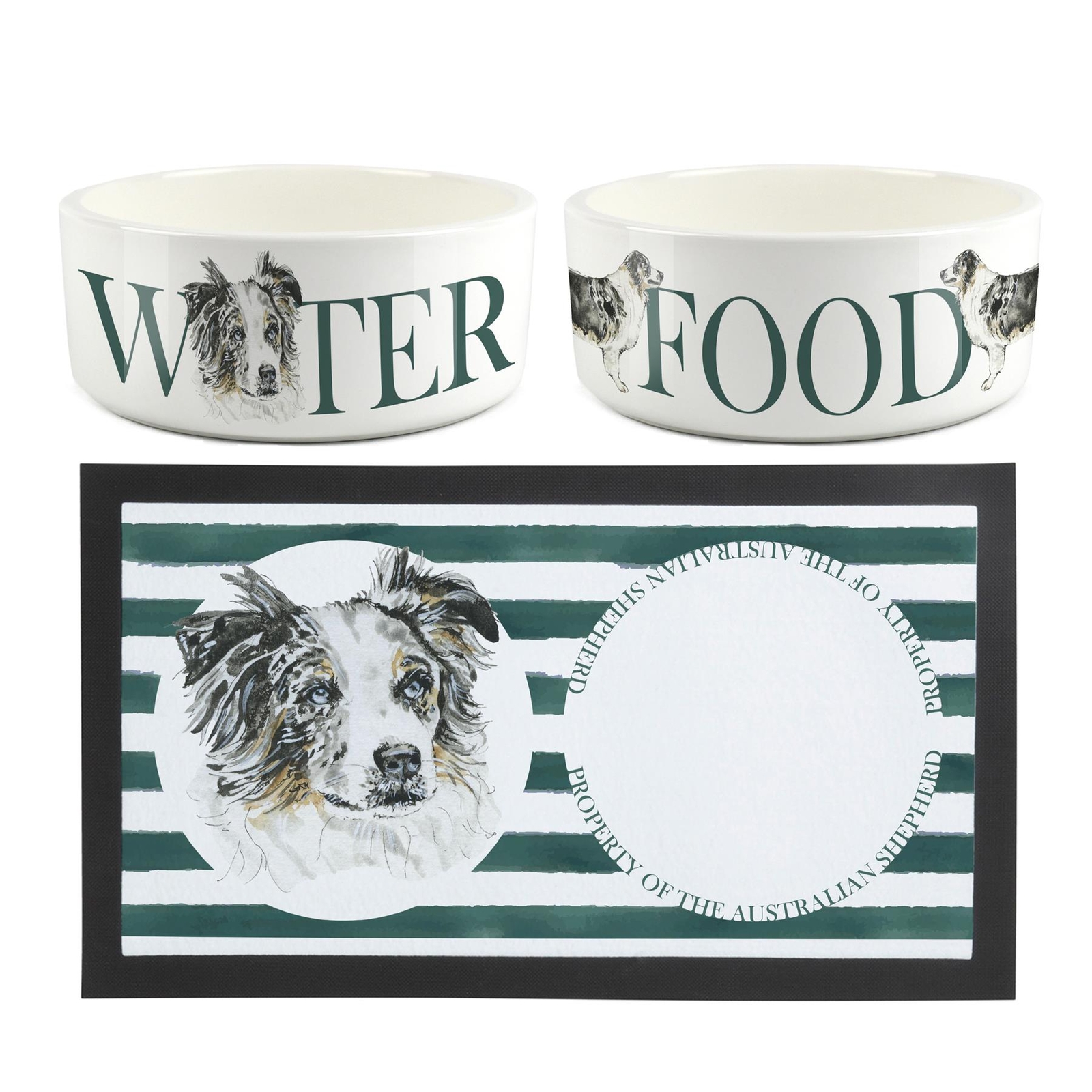 Purely Home Australian Shepherd Food & Water Bowl Set - White Ceramic Bowls & Non-Slip Mat - 1L Capacity - Image 2