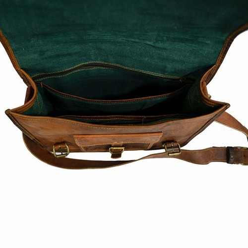 15" Goat Skin Leather Men Messenger Laptop Handmade Briefcase Satchel Vintage - Picture 4 of 7
