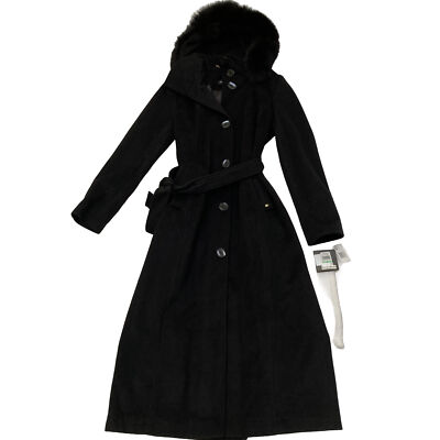 Ellen Tracy Fox Fur Removable Hood Trim Long Wool Coat Winter Jacket NWT Size 8