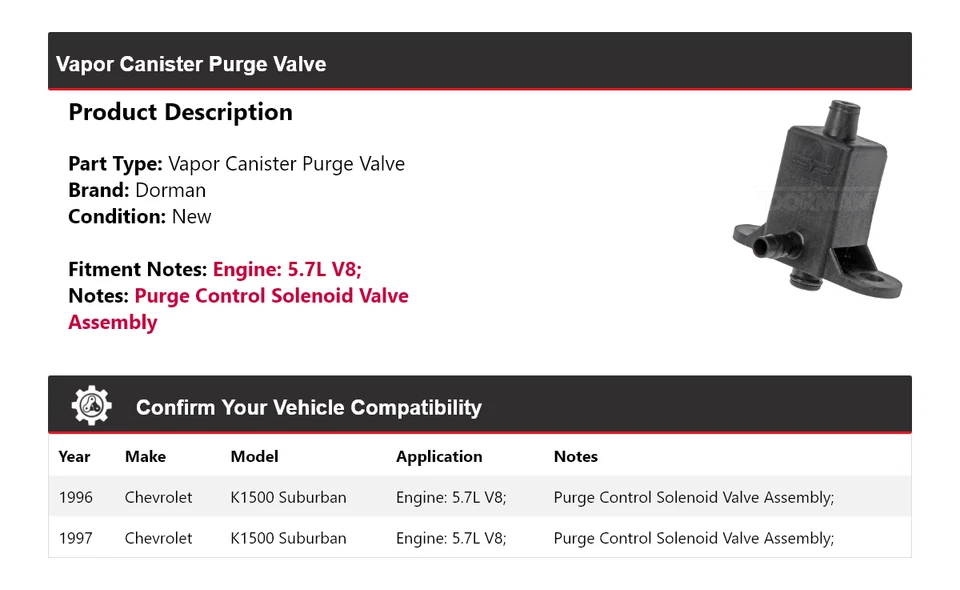 For 1996-1997 Chevrolet K1500 Suburban Dorman Vapor Canister Purge Valve - Image 2 of 4