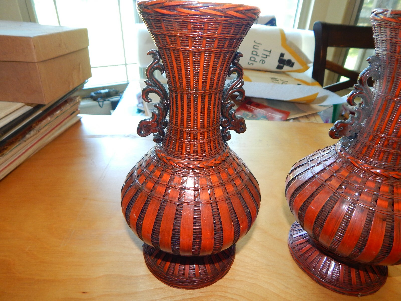 2 VINTAGE WICKER ORANGE/RED VASES W/ ORNATE WOOD HANDLES eBay