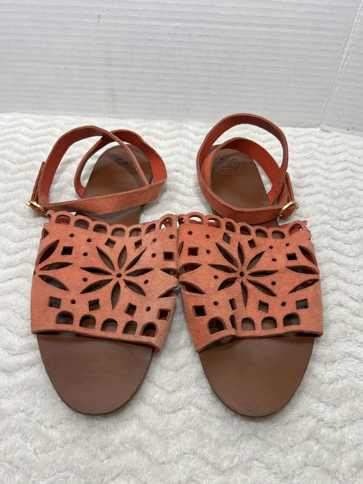 Tory Burch 橙色麂皮绒穿孔五月踝包裹平底凉鞋女式 10M 码 — 第 3/4 张图片