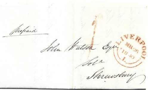 GB 1840 (Mar) Liverpool Fancy Handstruck '1' Entire to Shrewsbury