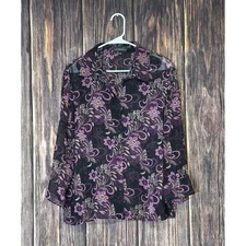 Elements Blouse Womens XL Black Purple Pink Floral Sheer Button Up Long Sleeve