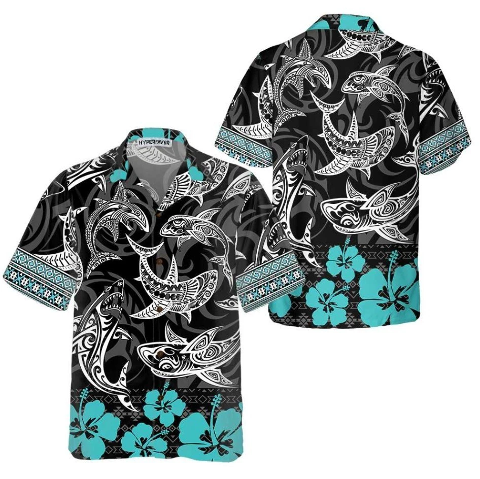Polynesian Shark Hawaiian Shirt, Shark Shirt Button Up For Adults, Shark Print S