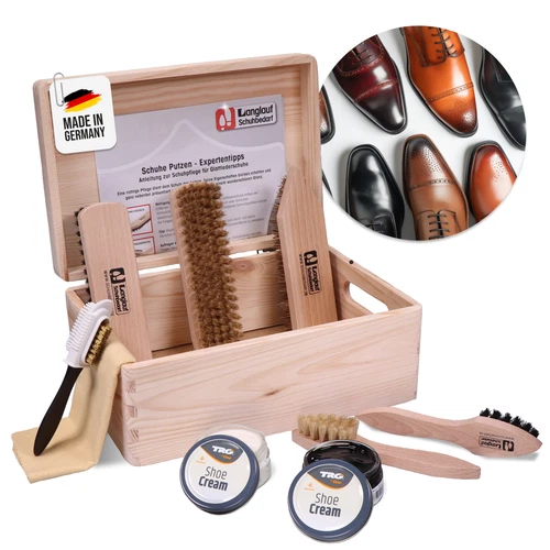 Schuhputzkasten Verona Naturholz Kiefer mit  9tlg Schuhbürsten Schuhcreme Set