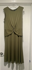 Lauren Ralph Lauren Green V-Neck Fit & Flare Twist Knee Length Dress 16