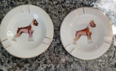 Vintage lot of 2 Boxer DOGs individual ashtrays ceramic Japan trinket dish