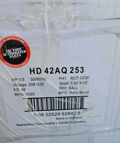 New Carrier HD42AQ253 Blower Motor, 208-230V, 50/60HZ, 1050RPM, 1/3HP Fan Motor