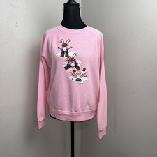 Vintage 80's Bassett-Walker Sweatshirt Women's Medium Pink Bunny Skiing Winter