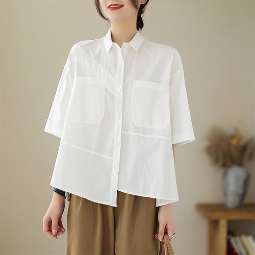 Damen Kurzarm Bluse Top unregelmäßig Shirt Knopf locker lässig weiß khaki T-Shirt - Bild 17 von 18