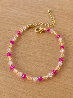 Bracelet femme perles toupie facettées rose fuchsia pêche réglable fait main dor - Photo 1/2
