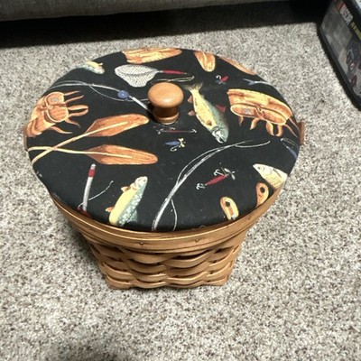 Longaberger Woven Wood Storage Basket w/ Lid & Handle, Black Fishing Fabric