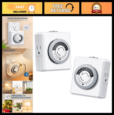 24-Hour Mechanical Timer 2-Pack for Indoor Outlets, Dual 3-Prong, 30-Min Interva