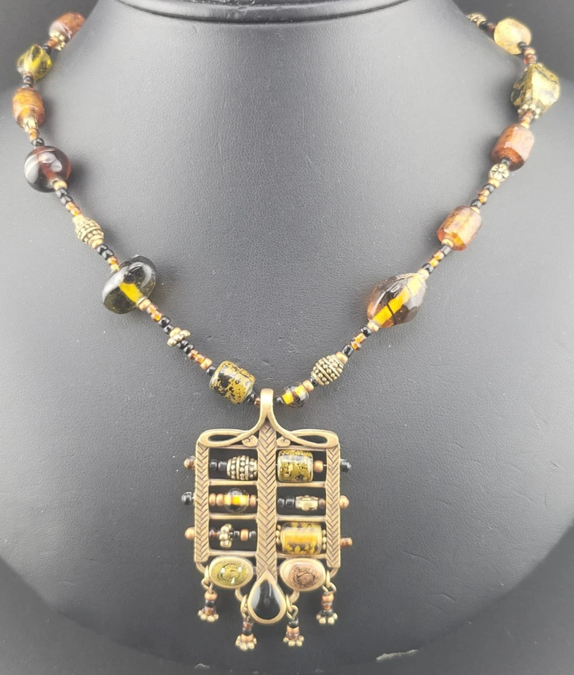 Firmado Chico's Esmalte Ábaco Colgante Ámbar Arte Vidrio Cuentas 22" Collar Tono Dorado Foto 2 de 4