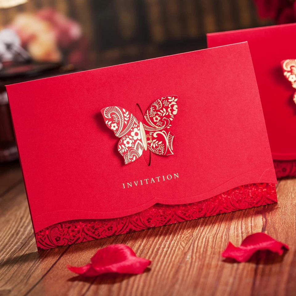 50pcs Red Laser Cut Lace Flora Invitations Cards with Gold Butterfly and Enve... - Image 2 of 4