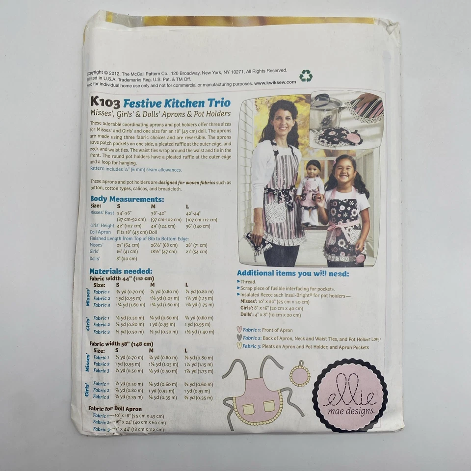 Ellie Mae Designs Sewing Pattern K103 Womens Girls Apron Pot Holder Uncut - Image 2 of 4