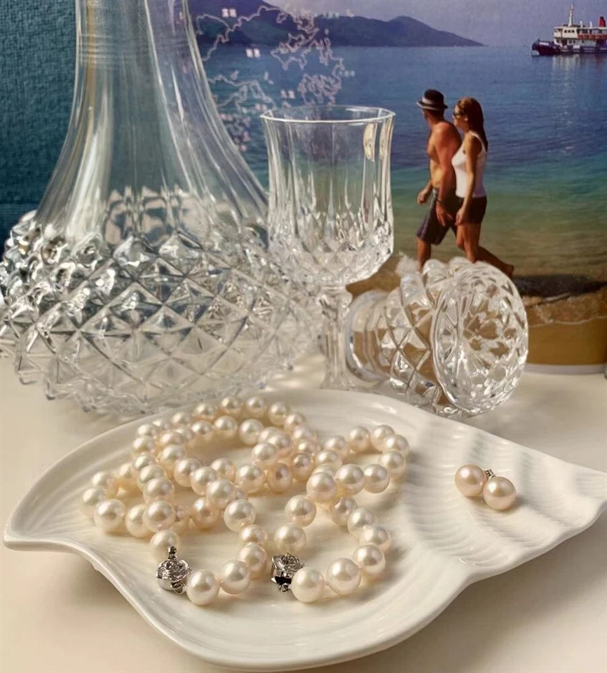 Conjunto de pendientes pulsera collar perlas blancas redondas de 8-9 mm de 30 pulgadas largos cultivados Foto 4 de 4