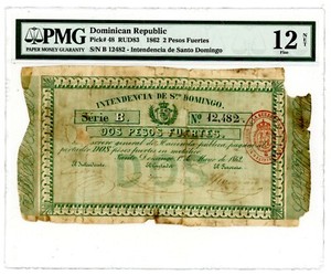 Dominican Rep P 48 2 Pesos Fuertes 1862 F Pmg 12 Net Rare Ebay