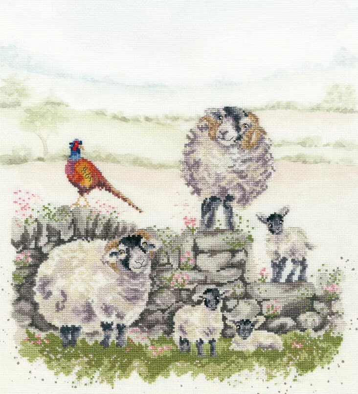 Green Pastures Sheep Lamb Pheasant - (Hannah Dale) Cross Stitch Kit By Bothy Thr