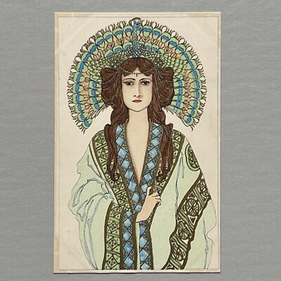 1901 ART NOUVEAU LADY Artist Postcard PEACOCK HEAD ORNAMENT M M Vienne 119 GOLD