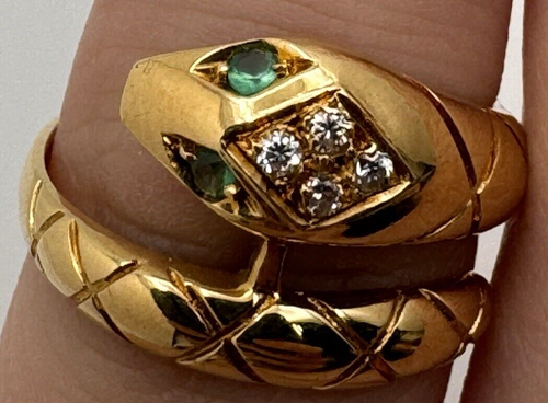 18k Yellow Gold Emerald And Diamond Snake Ring Size 6.5 - 第 9/9 張圖片