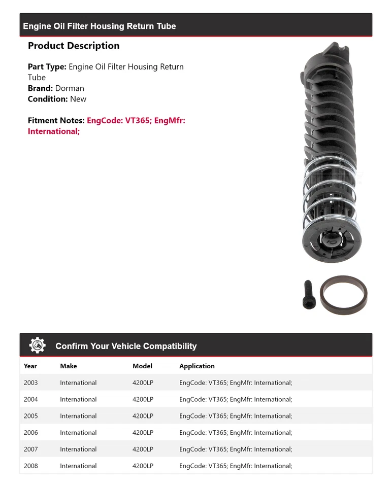 Tubo de retorno de carcasa de filtro de aceite de motor Dorman International 4200LP 2003-2008 Foto 2 de 4