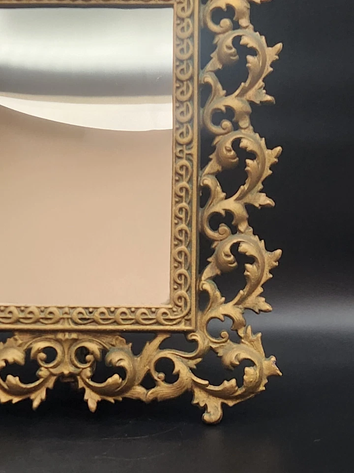 "Marco de fotos de espejo de metal ornamentado dorado vintage 16"" hoja de acanto caballete tocador" Foto 3 de 4