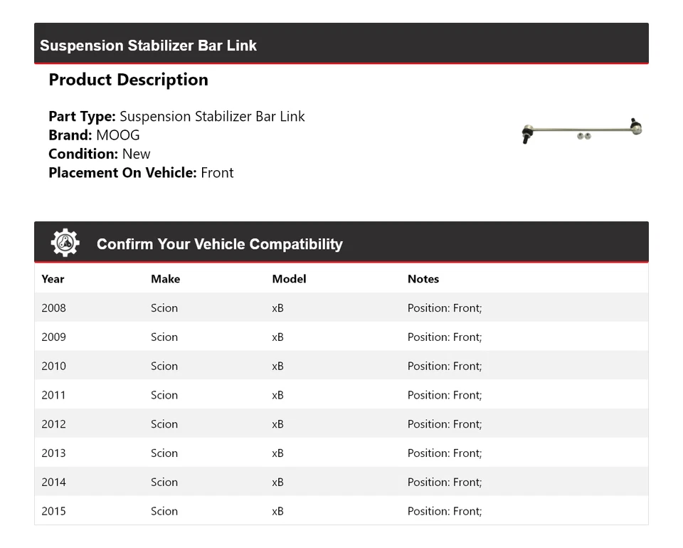 Barra estabilizadora de suspensión delantera MOOG 2008-2015 Scion xB 2008 2009 2010 Foto 2 de 4