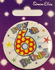 Small Birthday badge with plastic clip, 6th or 7th Birthday, Simon Elvin, party