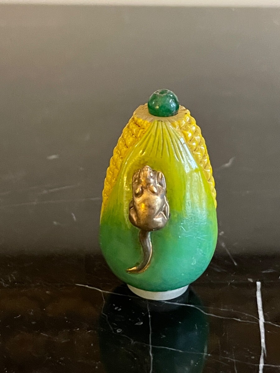 Vintage Chinese Glass Corn Cob Bottle with Applied Mouse on Two