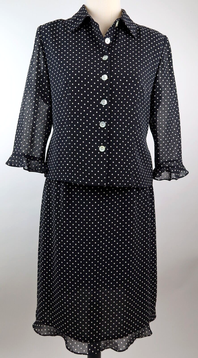 Talbots Piece Blouse Skirt Suit Set Black White Polka Dot Sz
