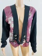 VTG Rebel Smith USA Silk* Open Jacket Floral Art Top Gemstone Accents M/L* OOAK