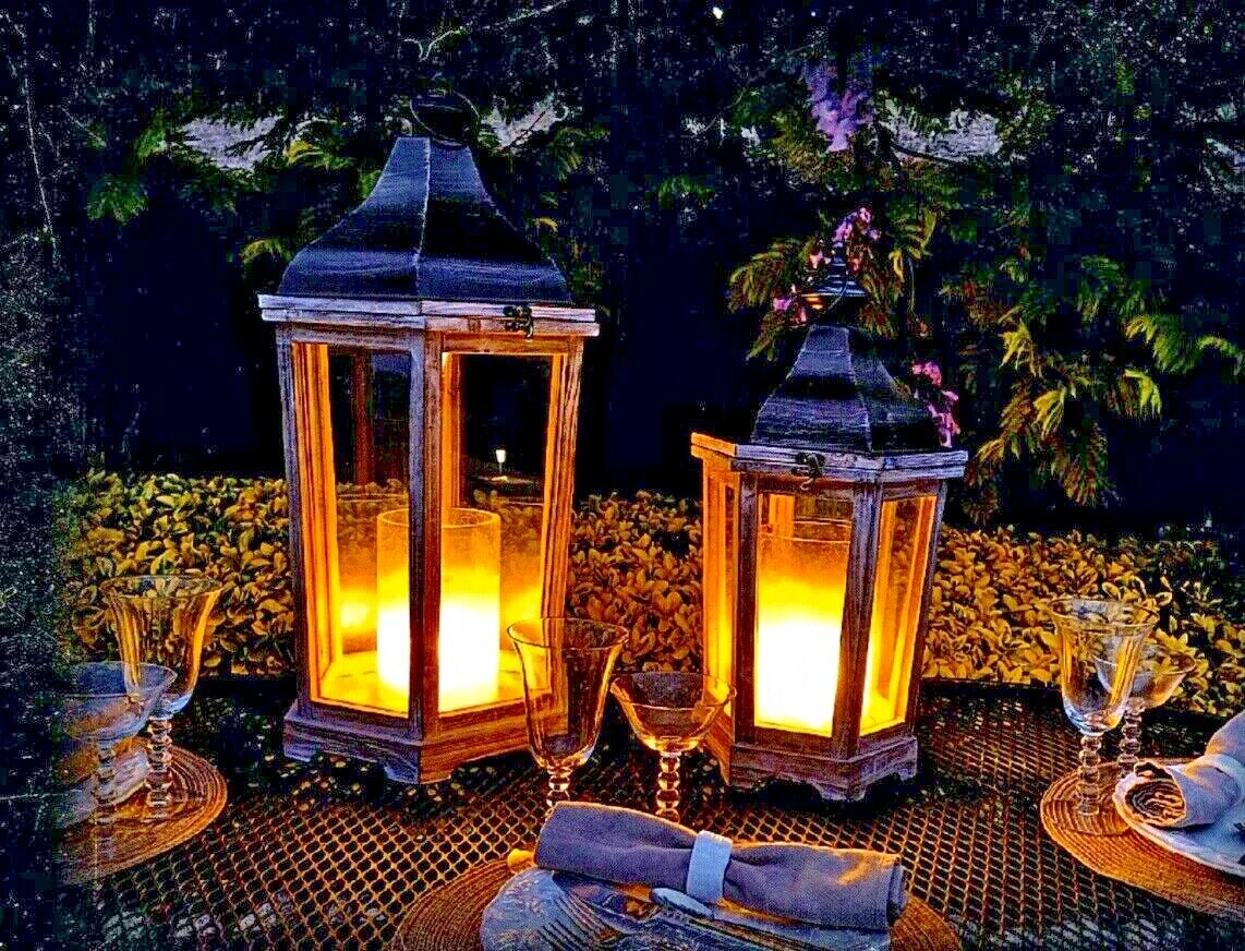 Light Garden INDOOR OUTDOOR Set of Two WOOD HEXAGON LANTERNS 479354 NEW PreTTy