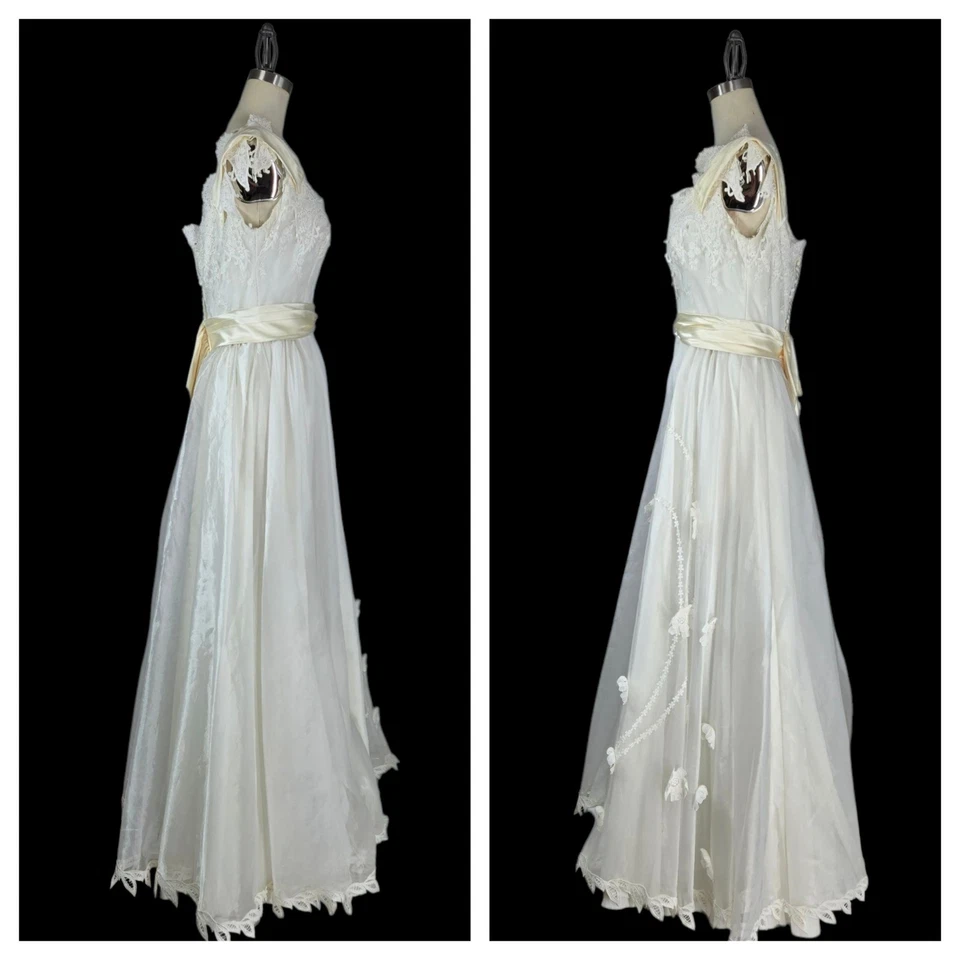 VTG Alfred Angelo Formal Dress Gown Sz S Ivory Cream Satin Chiffon Lace Mesh  - Image 2 of 4