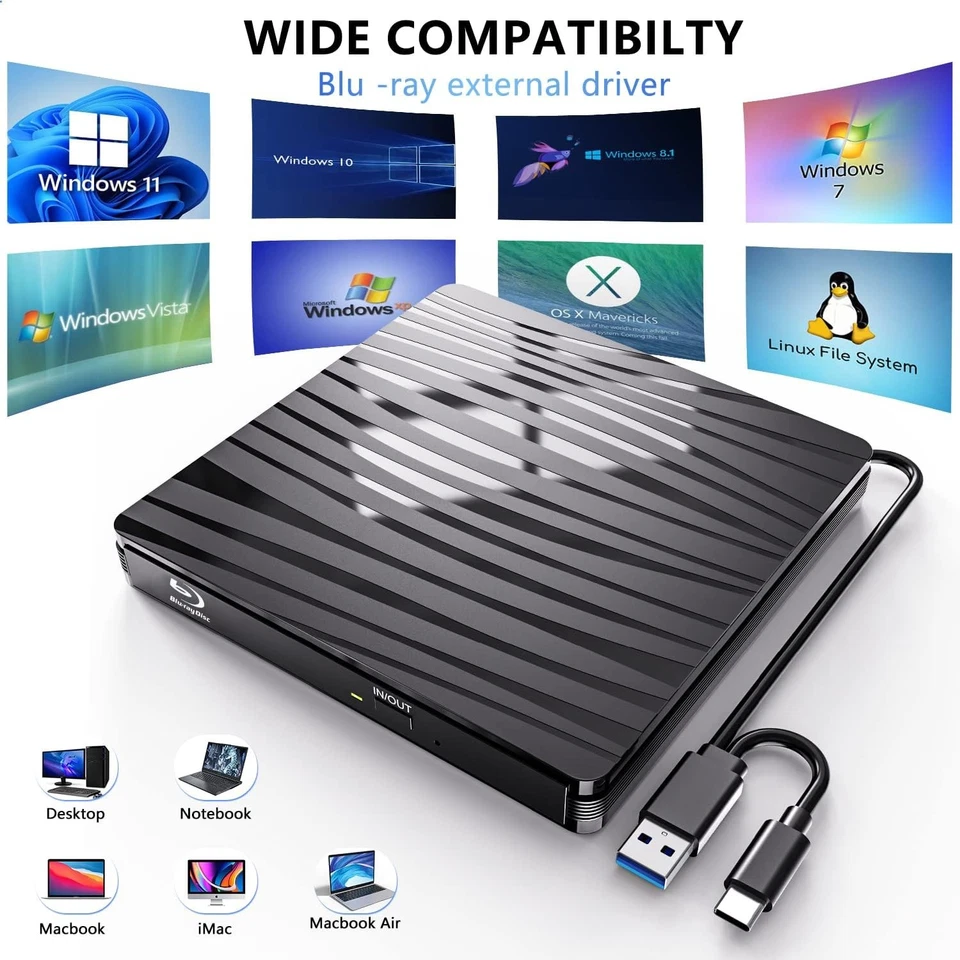 Pioneer-Matschita-LG-HP-Hatachi Extern Bluray Brenner SD/TF Slot USB-C-.-Top Neu - Bild 3 von 4