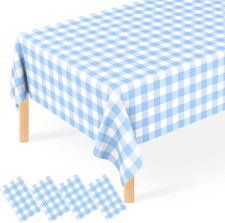 4 Pack Blue Gingham Tablecloth, Disposable Plastic Light Blue Checkered Table Cl
