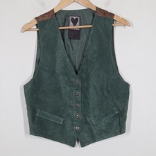 Vtg Dual Control Green Suede Leather Vest Paisley Back L Boho Western Festival